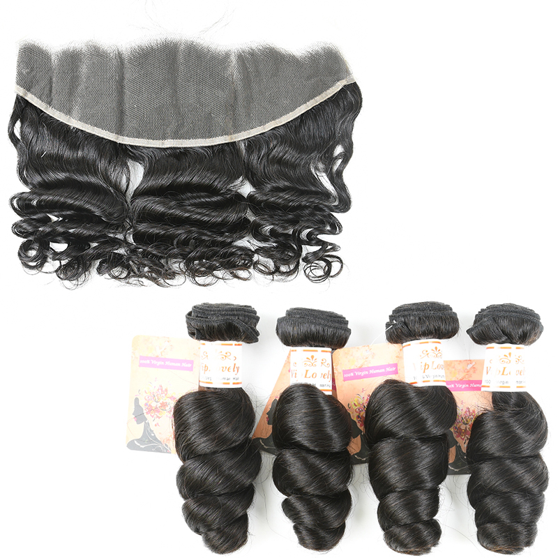 #1b Virgin Brazilian Hair Bundle with 13x4 Frontal Loose Wave