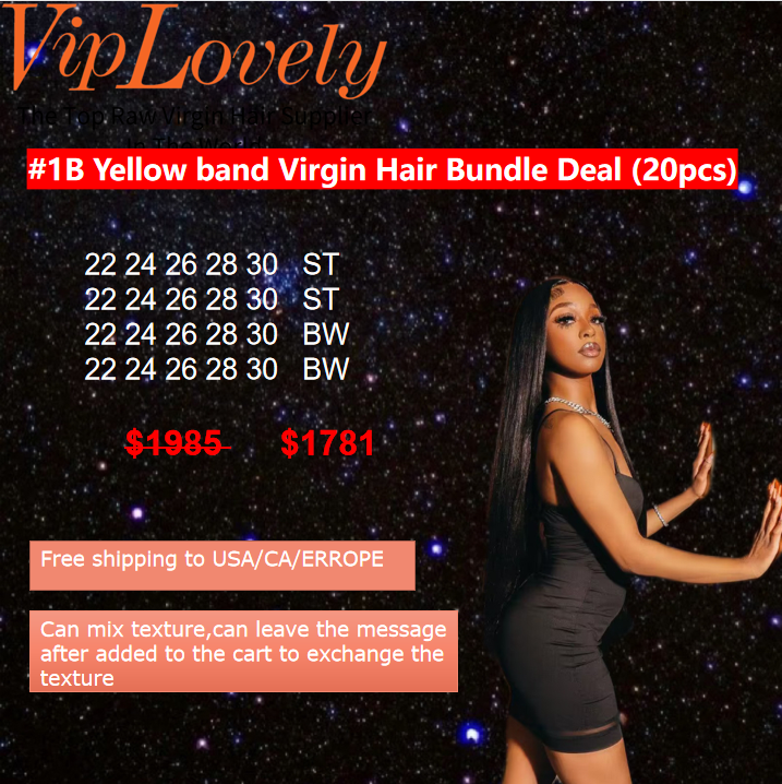 Viplovely free shipping 20pcs Yellow band Raw Hair Bundle Deal 22''-30''