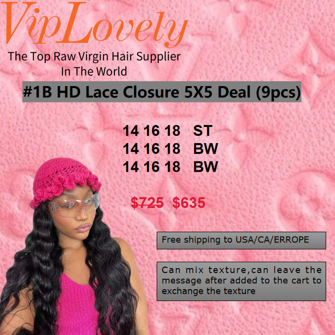 Viplovely free shipping 9pcs Hd Lace Closure 5X5 Deal 14''-18''