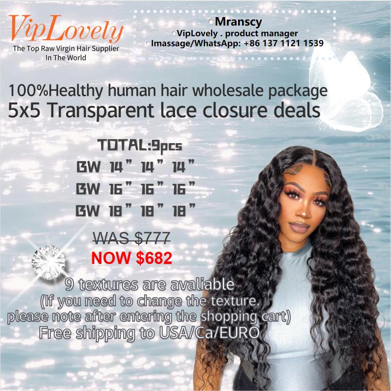 VipLovely 9pcs Free shipping wholesale package Transparent lace 5x5 closure deals 14"-18"