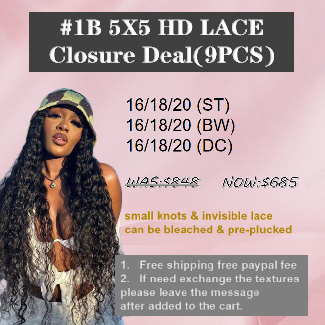 Viplovely#1B free shipping 9pcs 5*5 HD closure deal 16-20"